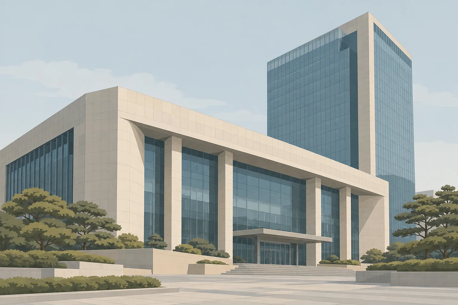 차분한 아침빛 아래 한국거래소 건물을 그린 일러스트입니다.